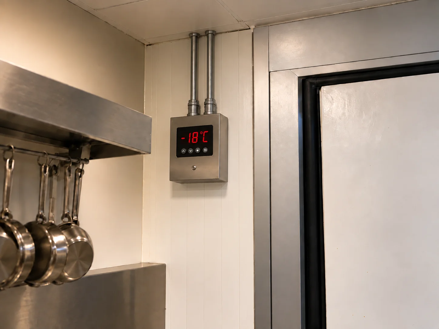Régulateur électronique affichant −18°C sur une chambre froide négative