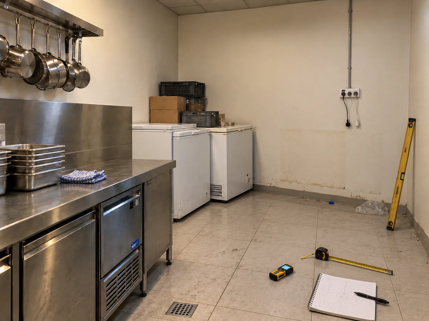 Relevé des dimensions de la cuisine au télémètre laser avant installation d'une chambre négative