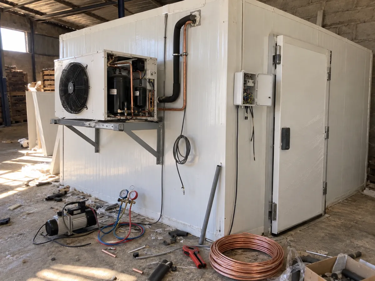 Installation du groupe frigorifique et du coffret électrique sur une chambre froide