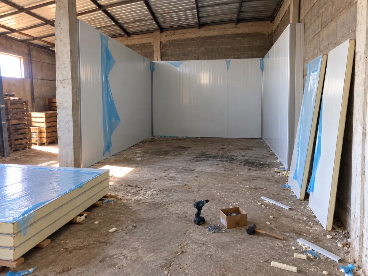 Montage des panneaux sandwich isolants d'une chambre froide en cours de construction