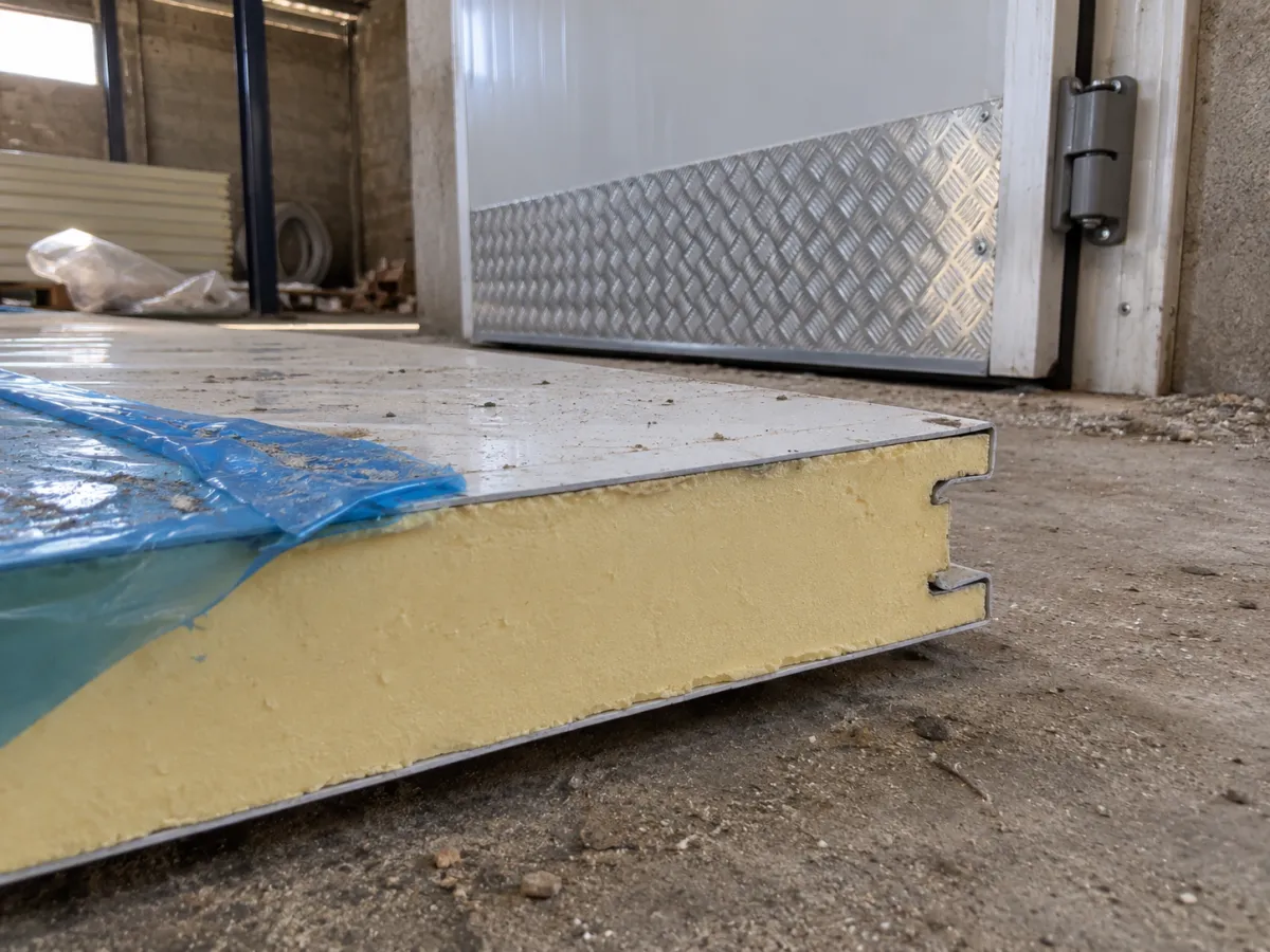 Panneau sandwich isolant en polyuréthane pour chambre froide, vue de la tranche