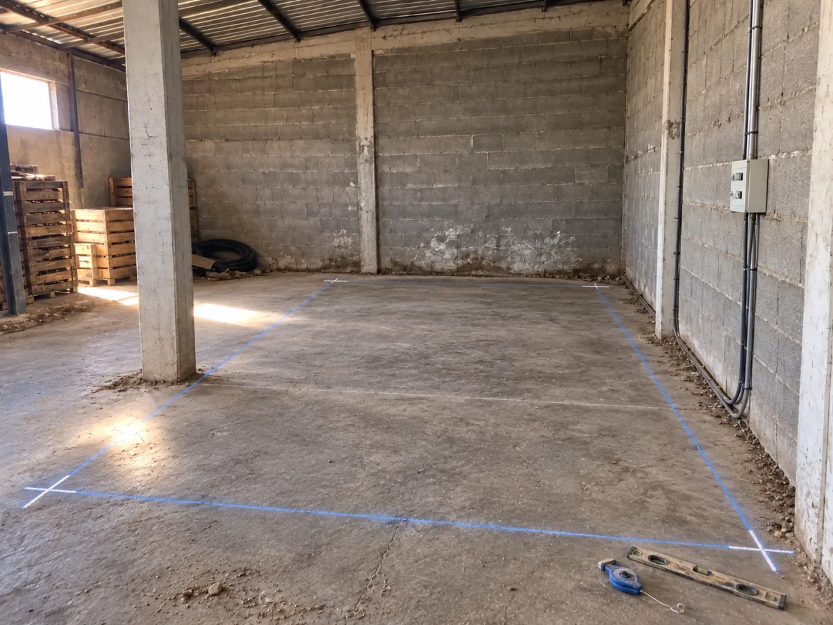 Traçage de l'implantation au sol avant la construction d'une chambre froide