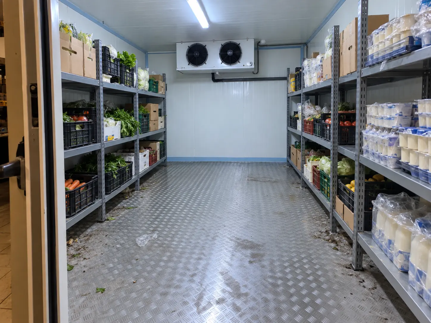 Rayonnages chargés de produits frais avec les espaces nécessaires à la circulation de l'air